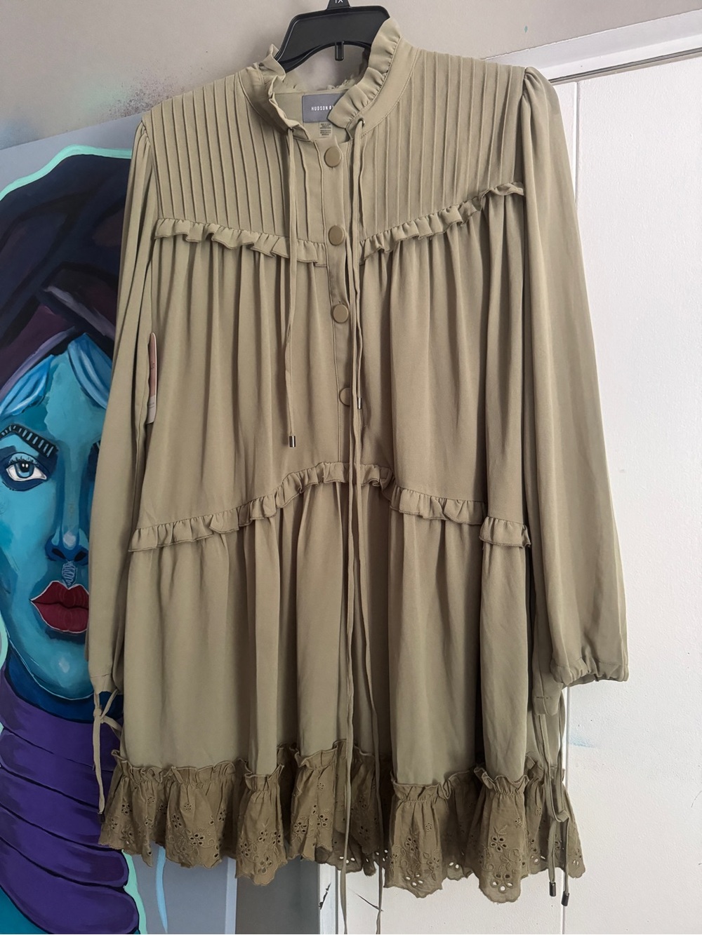 NWT Hudson Gray Olive Green Whimsical Gothic Lace Mini Dress XL Floaty Airy